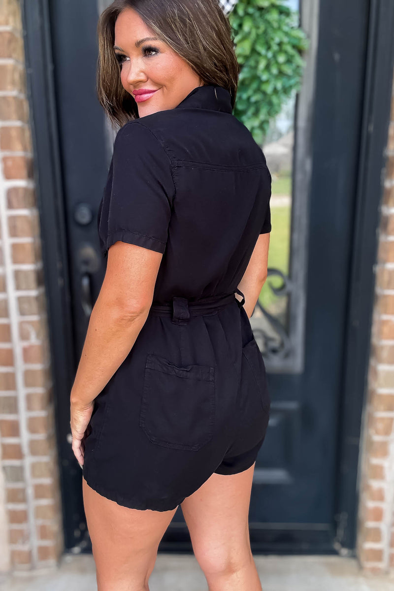 Woven Black Denim Tencel Romper with Waist Tie