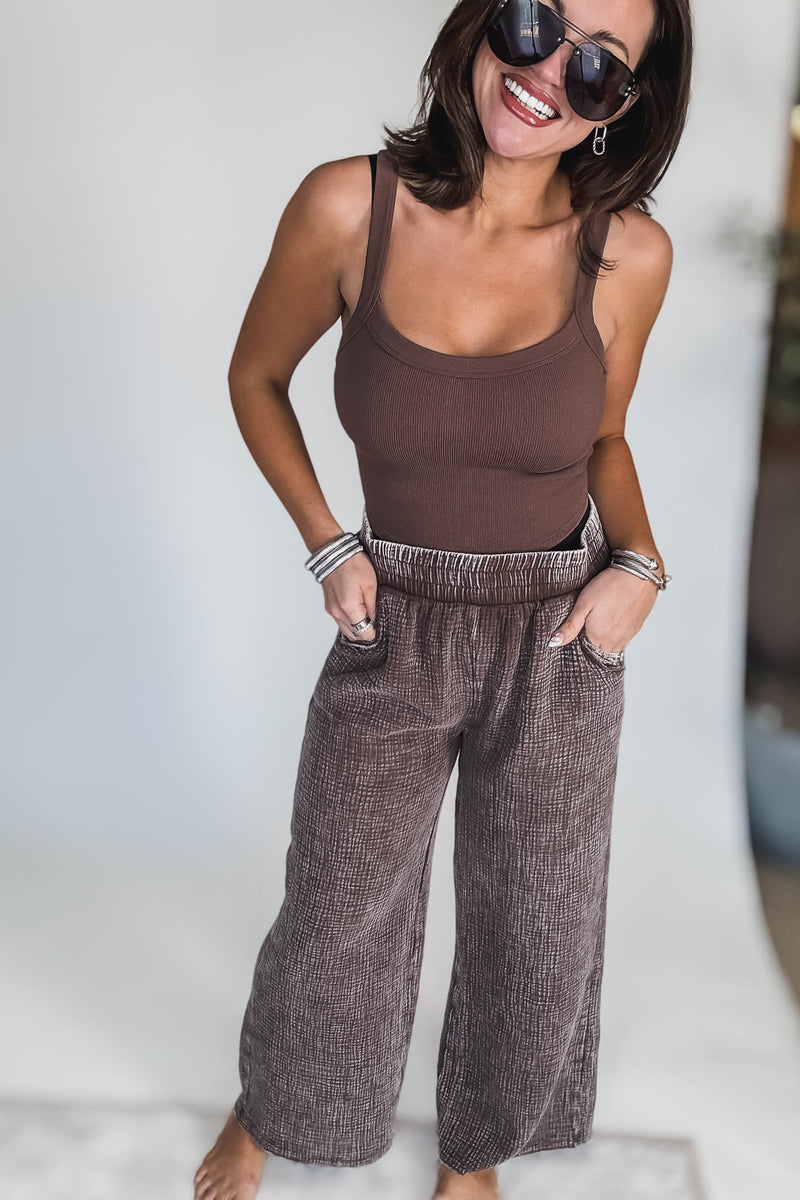Washed Brown Double Gauze Elastic Band Waist Pants
