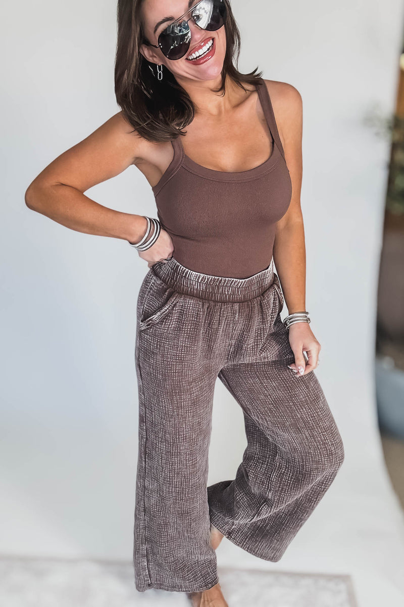 Washed Brown Double Gauze Elastic Band Waist Pants