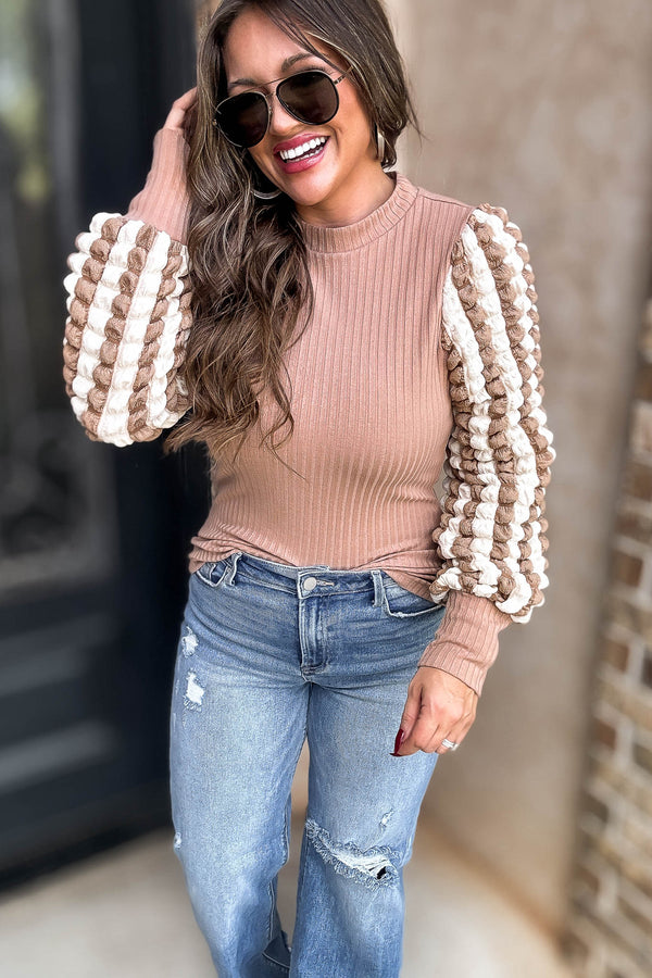Latte Stripe Popcorn Textured Puff Long Sleeve Top
