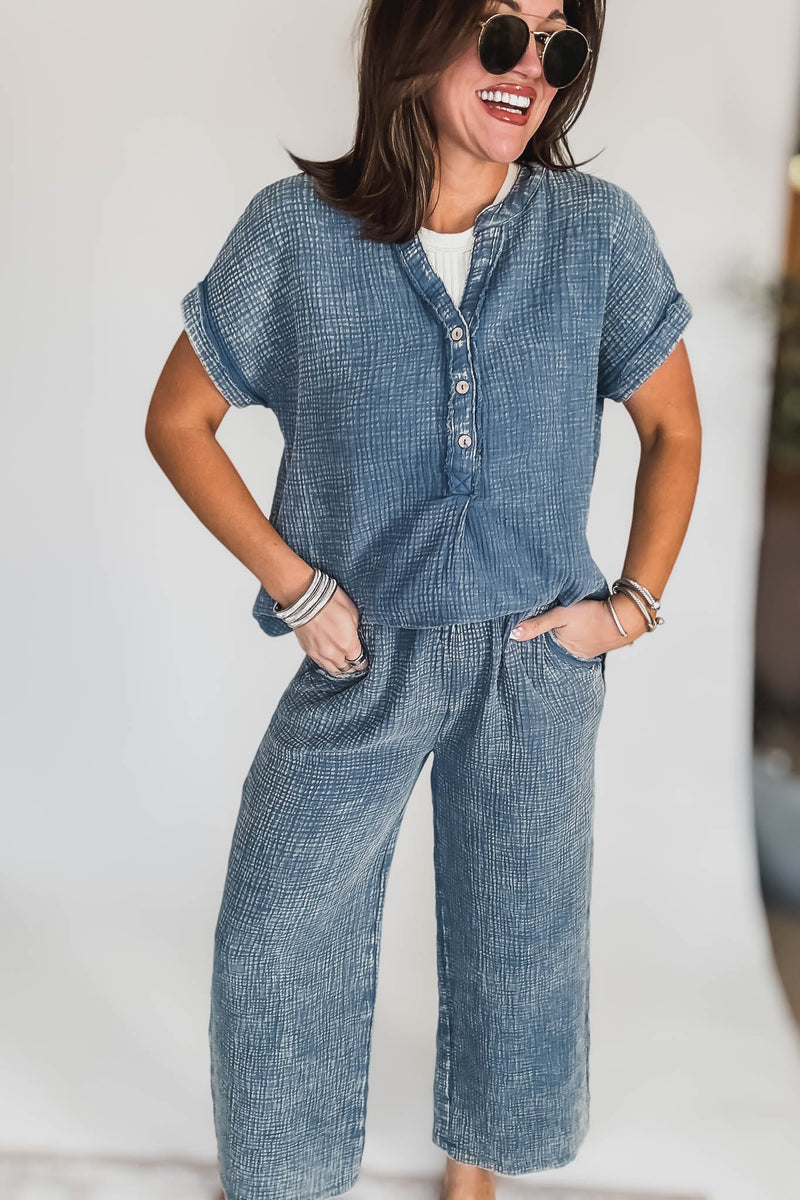 Washed Dusty Blue Double Gauze 3/4 Button Henley Shirt