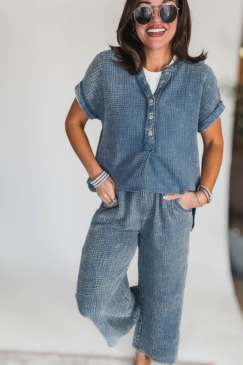 Washed Dusty Blue Double Gauze 3/4 Button Henley Shirt