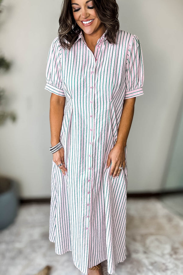 Pink Striped Pint-tuck Flare Midi Dress