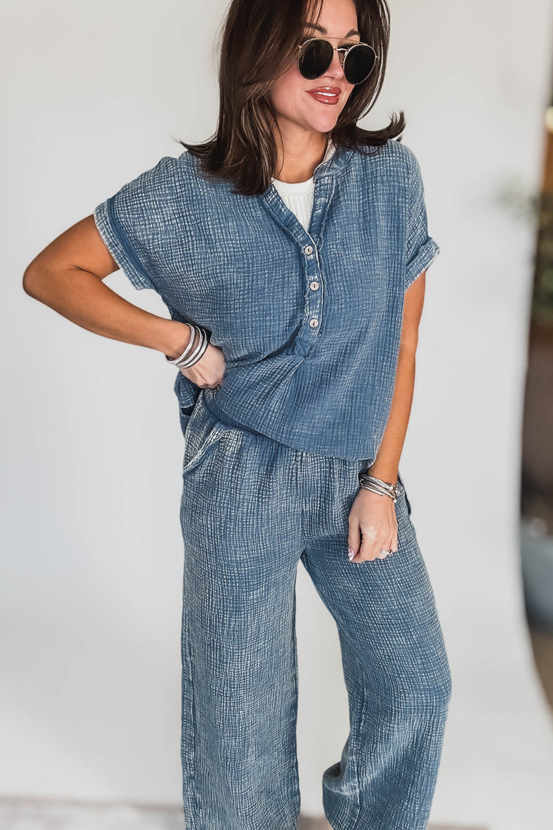 Washed Dusty Blue Double Gauze 3/4 Button Henley Shirt