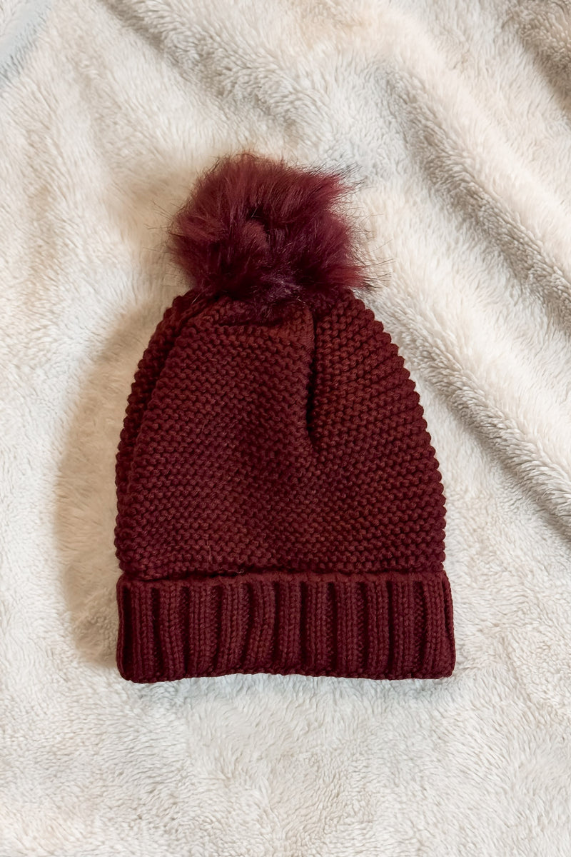 Pom Beanie in Burgundy with Faux Sherpa Lining