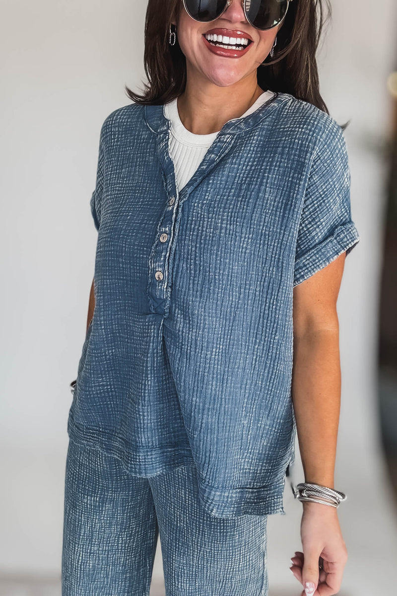 Washed Dusty Blue Double Gauze 3/4 Button Henley Shirt