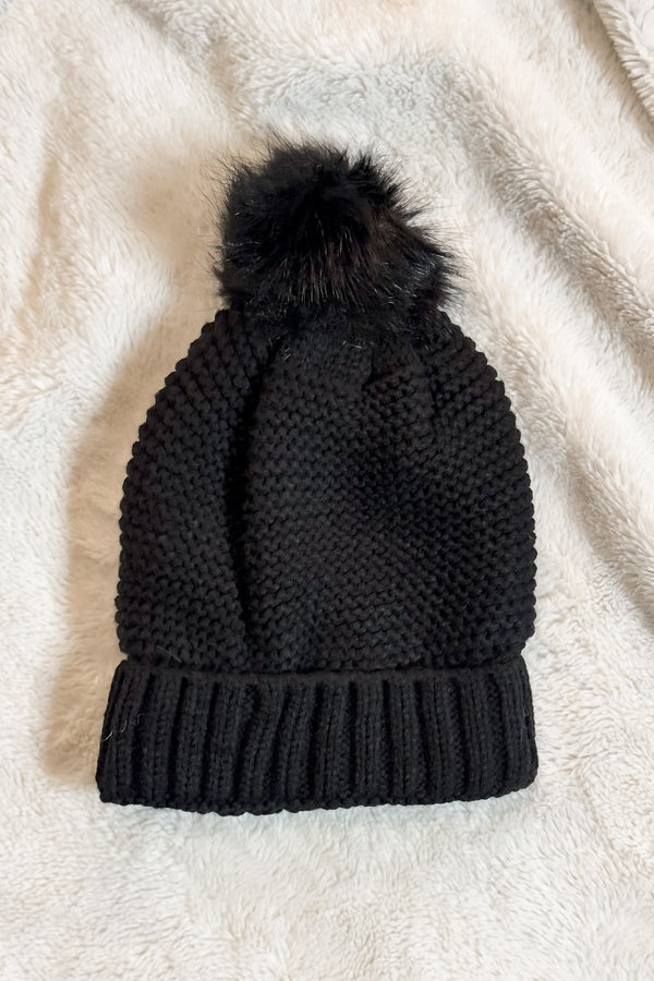 Pom Beanie in Black with Faux Sherpa Lining