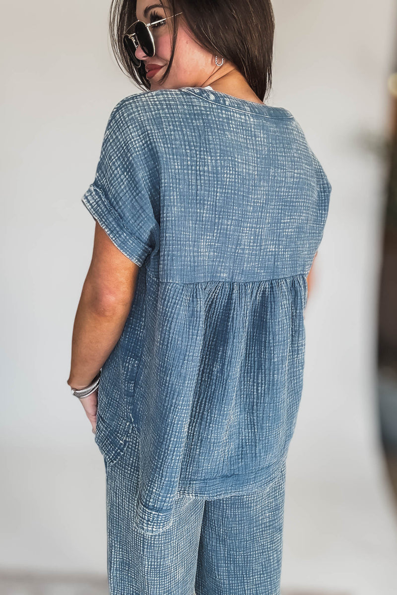 Washed Dusty Blue Double Gauze 3/4 Button Henley Shirt