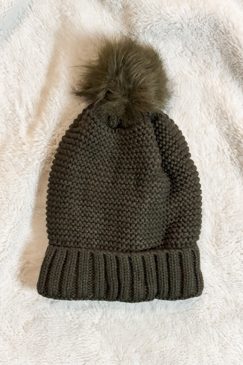 Pom Beanie in Olive with Faux Sherpa Lining