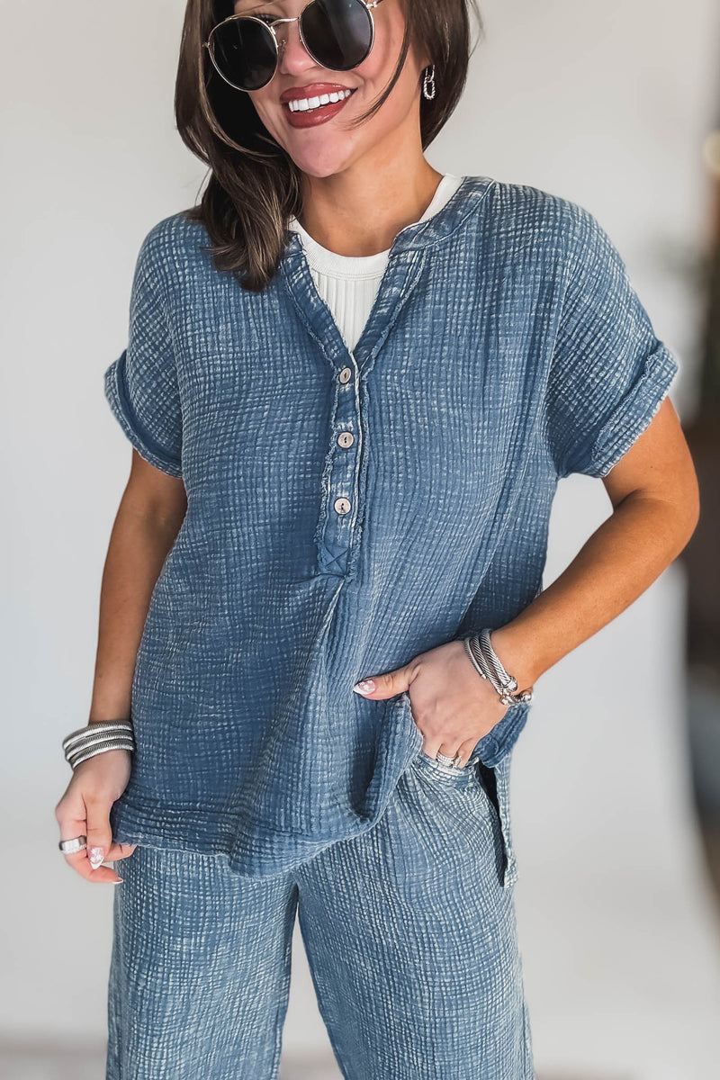 Washed Dusty Blue Double Gauze 3/4 Button Henley Shirt