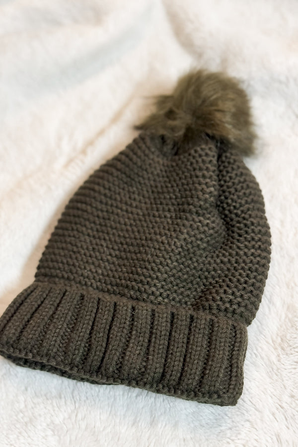 Pom Beanie in Olive with Faux Sherpa Lining