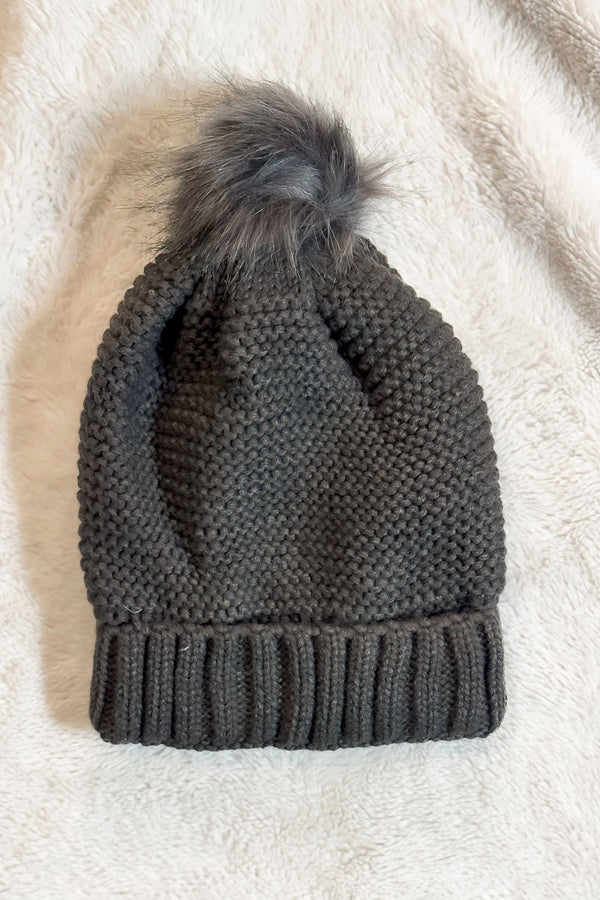 Pom Beanie in Grey with Faux Sherpa Lining