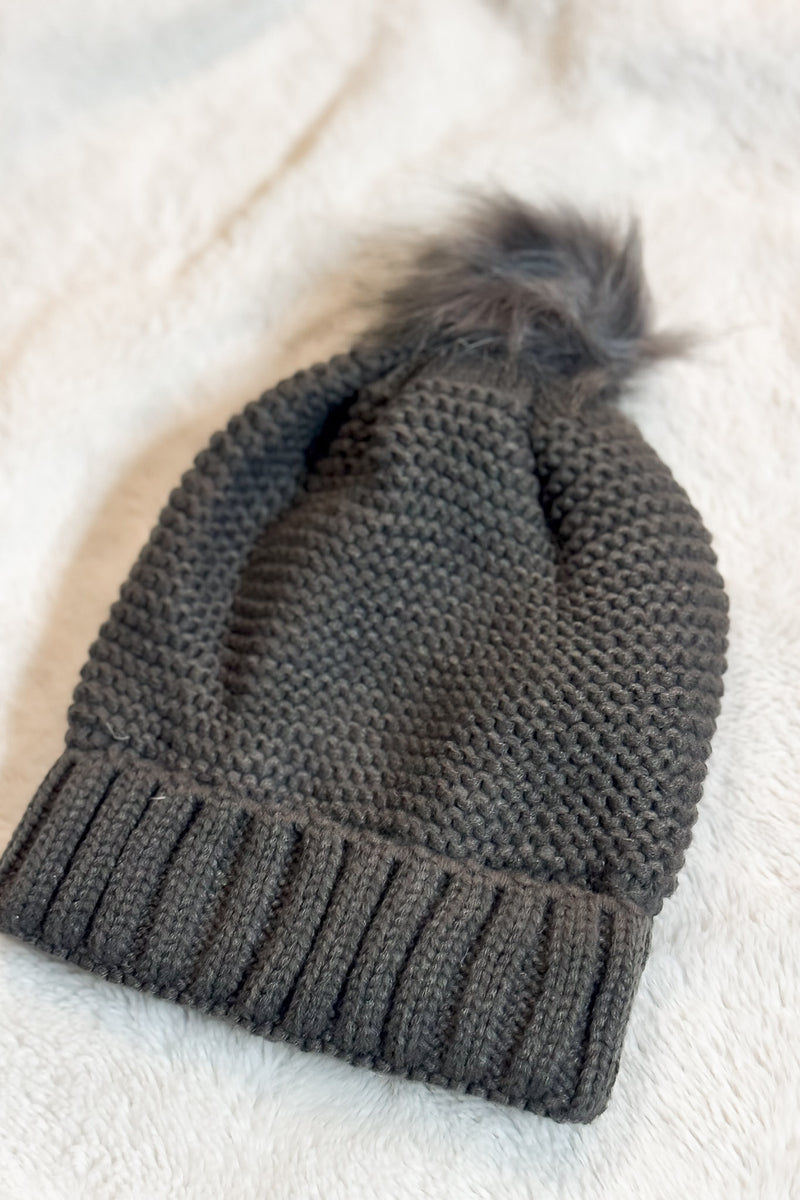 Pom Beanie in Grey with Faux Sherpa Lining