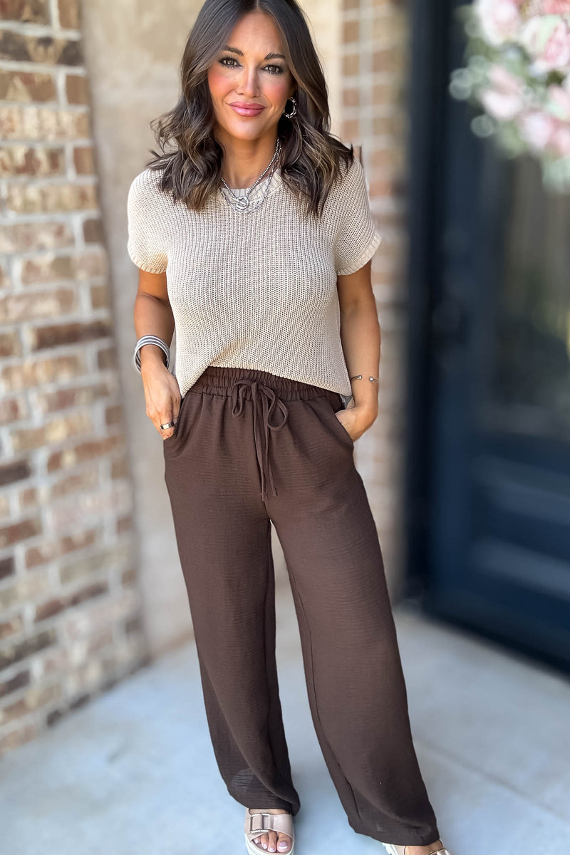 To  Busy To Lounge Brown Woven Crepe Elastic Band Pants