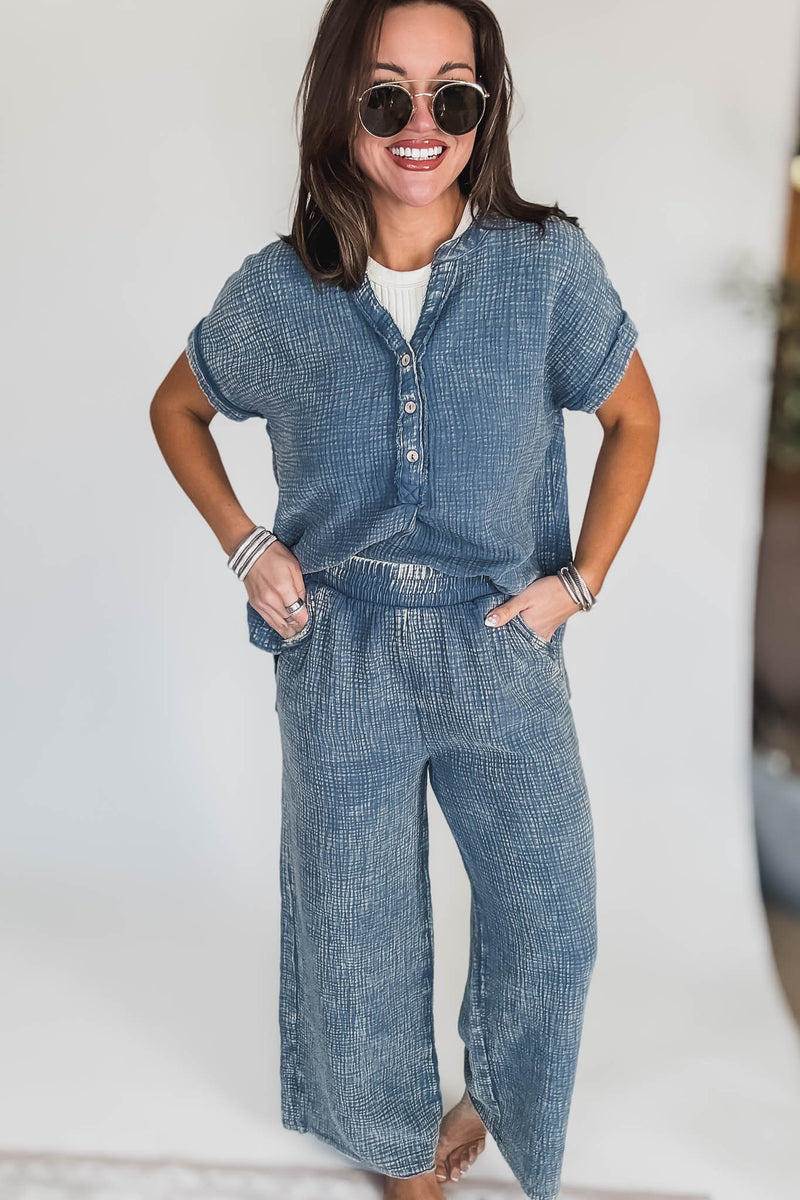 Washed Dusty Blue Double Gauze 3/4 Button Henley Shirt