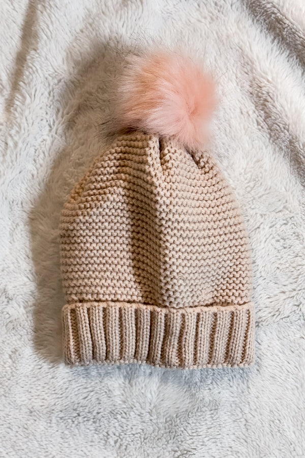Pom Beanie in Pink with Faux Sherpa Lining