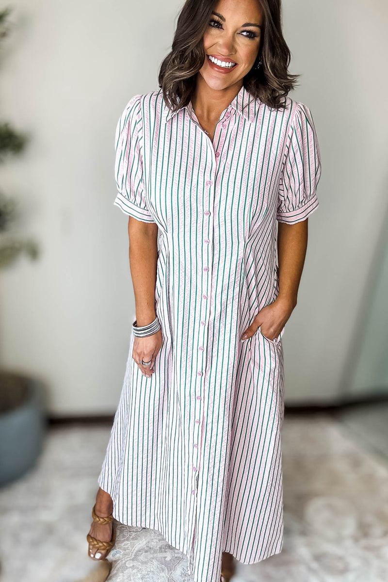 Pink Striped Pint-tuck Flare Midi Dress