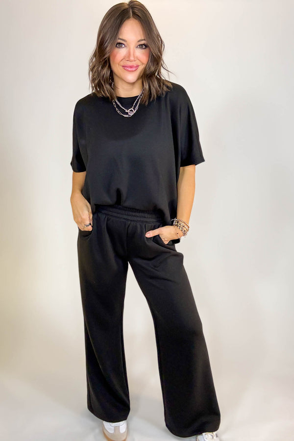 PINK FRIDAY SET Black Scuba Curbed Hem Top & Pants Set