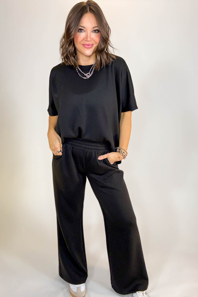 PINK FRIDAY SET Black Scuba Curbed Hem Top & Pants Set