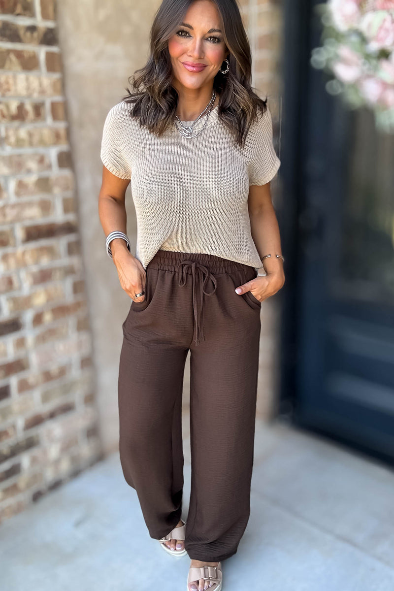 To  Busy To Lounge Brown Woven Crepe Elastic Band Pants