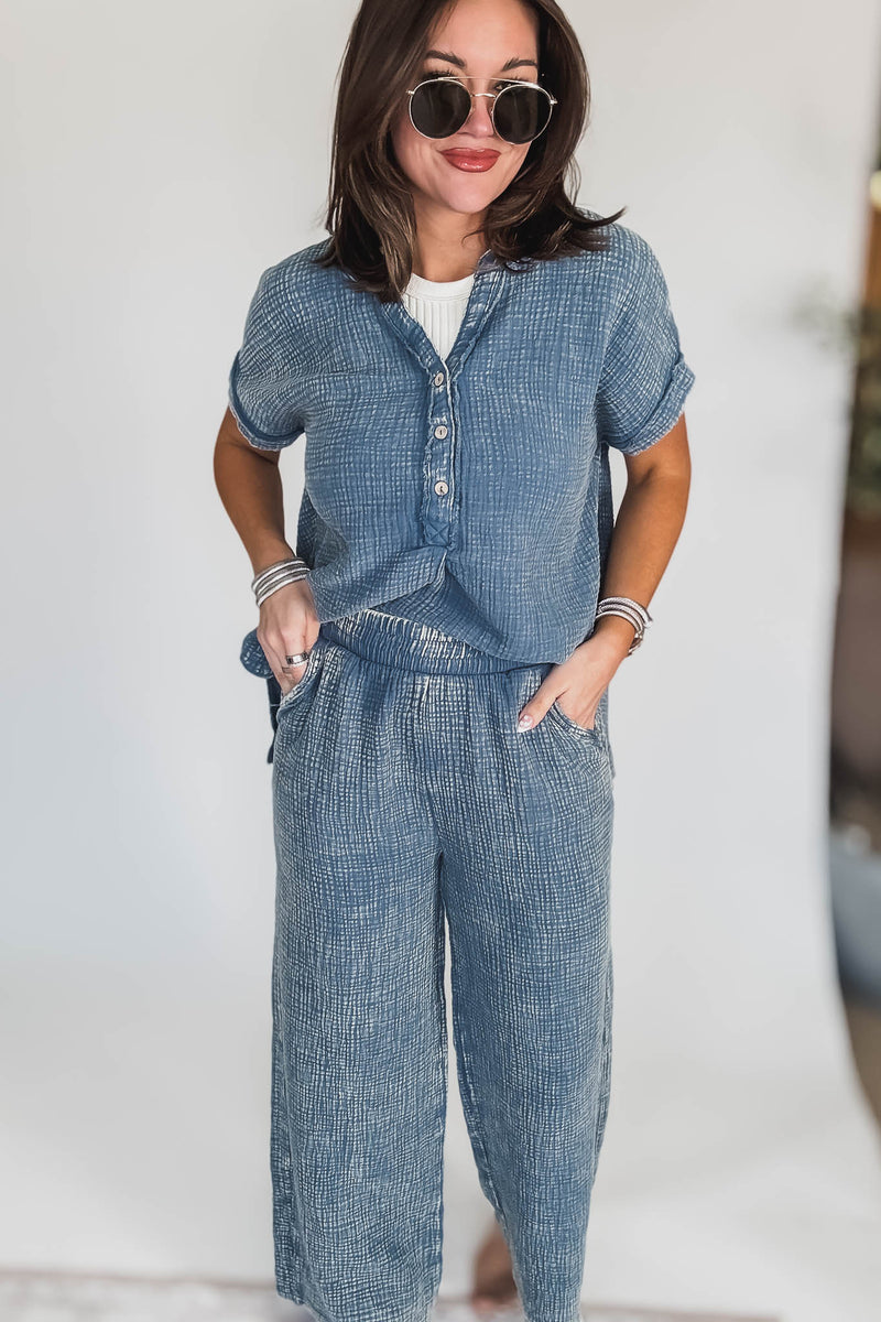 Washed Dusty Blue Double Gauze 3/4 Button Henley Shirt