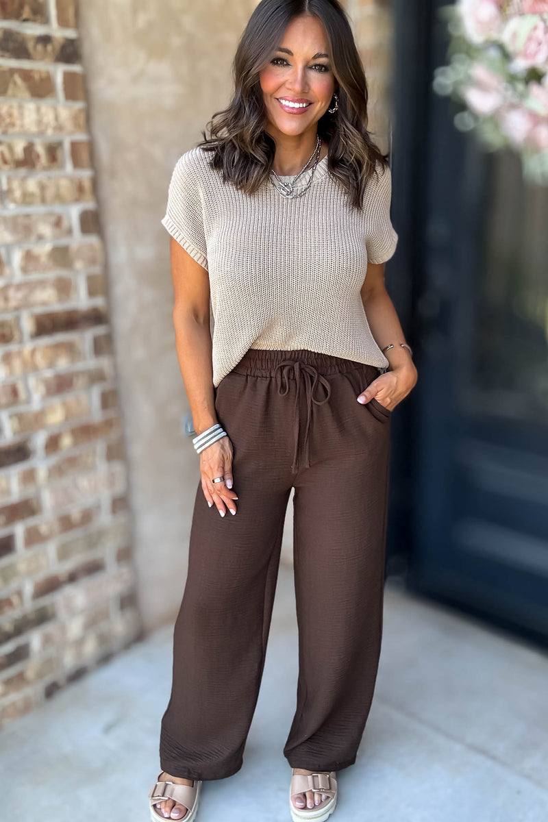 To  Busy To Lounge Brown Woven Crepe Elastic Band Pants