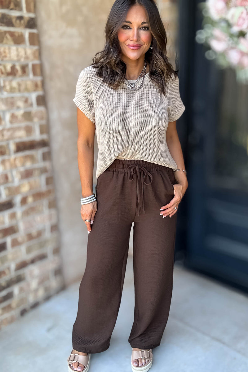 To  Busy To Lounge Brown Woven Crepe Elastic Band Pants