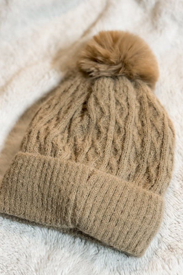 Cable Knit Taupe Cuffed Beanie