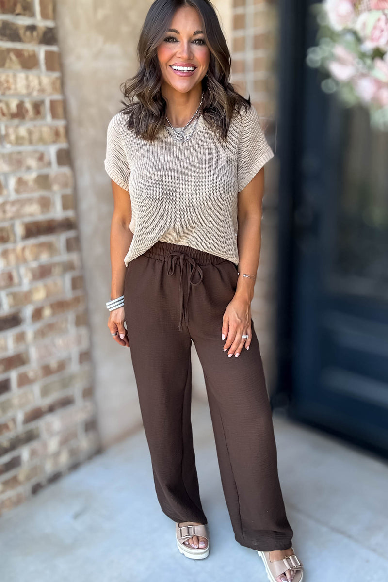 To  Busy To Lounge Brown Woven Crepe Elastic Band Pants