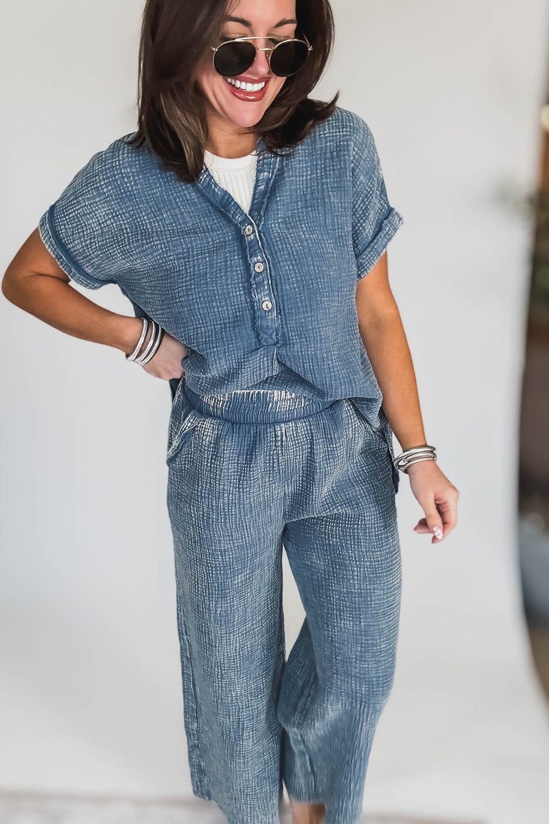 Washed Dusty Blue Double Gauze 3/4 Button Henley Shirt