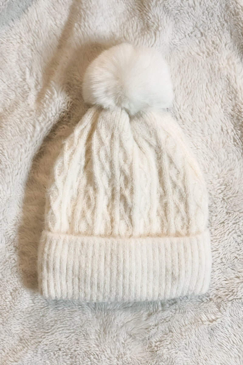 Cable Knit White Cuffed Beanie