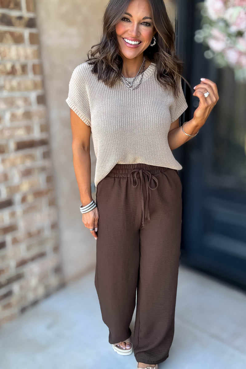 To  Busy To Lounge Brown Woven Crepe Elastic Band Pants