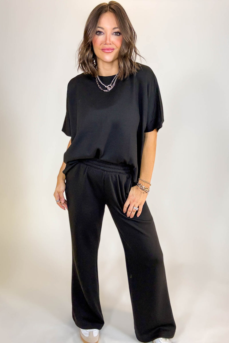 PINK FRIDAY SET Black Scuba Curbed Hem Top & Pants Set