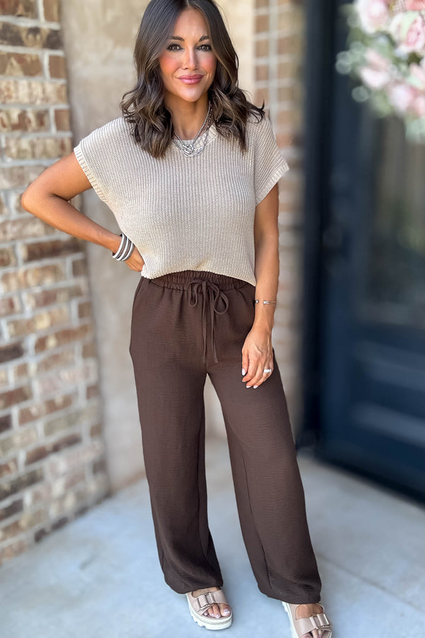 To  Busy To Lounge Brown Woven Crepe Elastic Band Pants