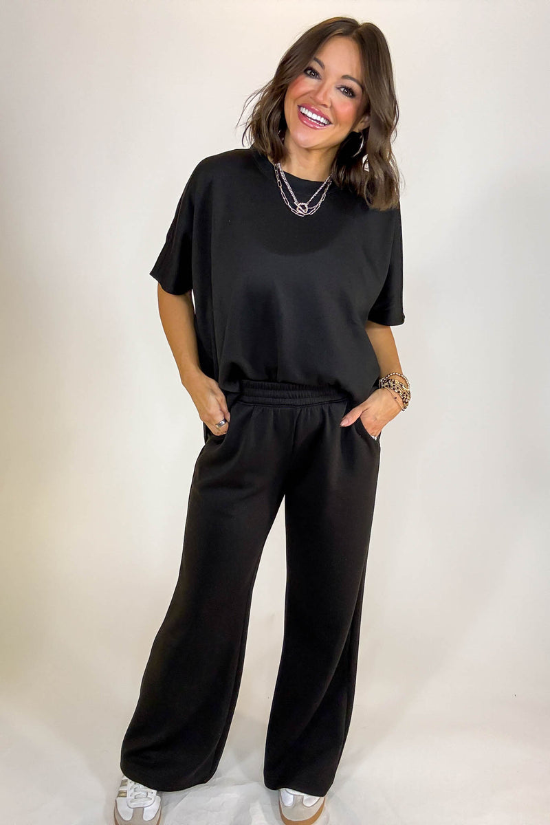 PINK FRIDAY SET Black Scuba Curbed Hem Top & Pants Set