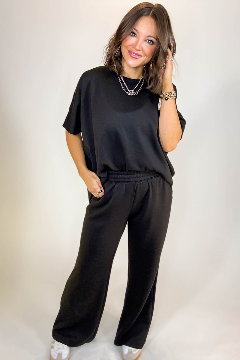 PINK FRIDAY SET Black Scuba Curbed Hem Top & Pants Set