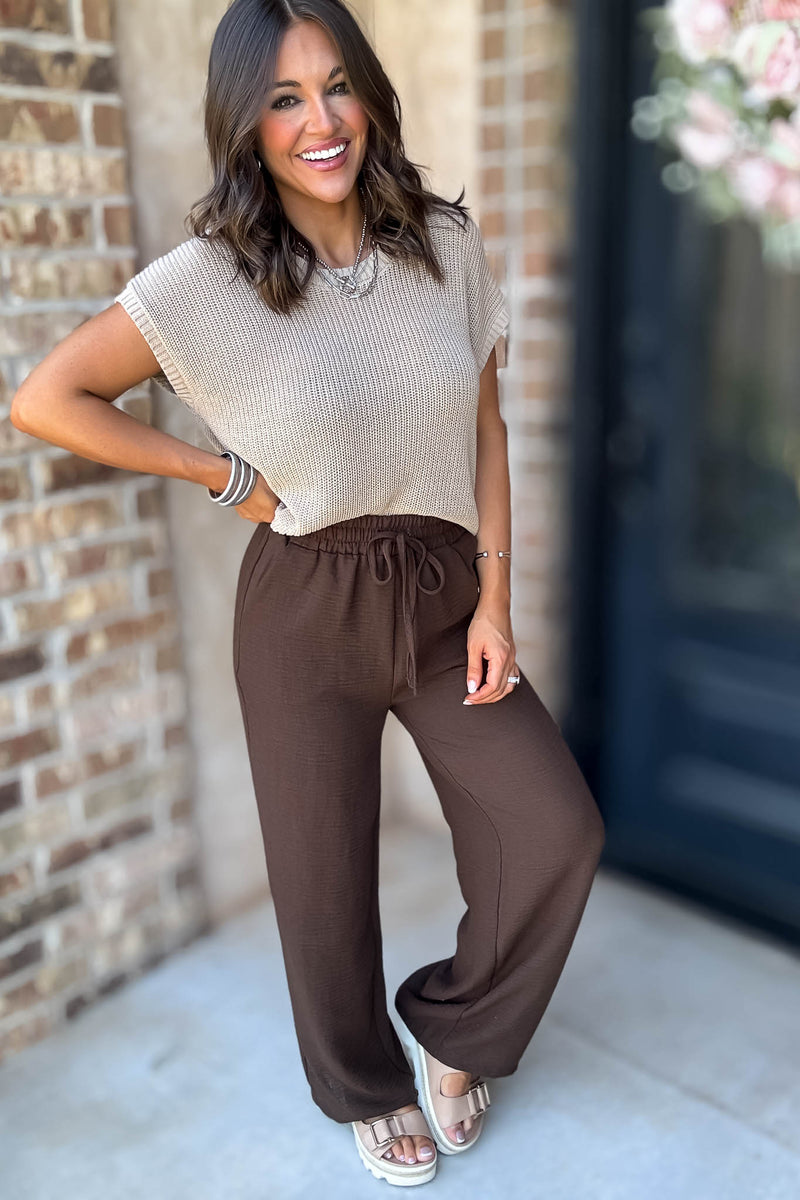 To  Busy To Lounge Brown Woven Crepe Elastic Band Pants