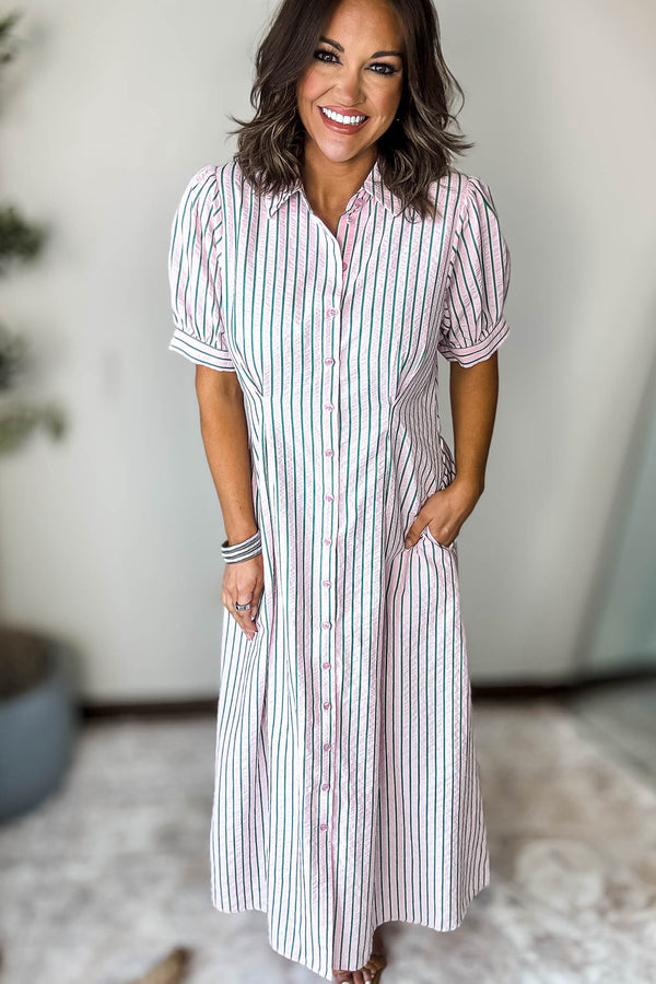 Pink Striped Pint-tuck Flare Midi Dress
