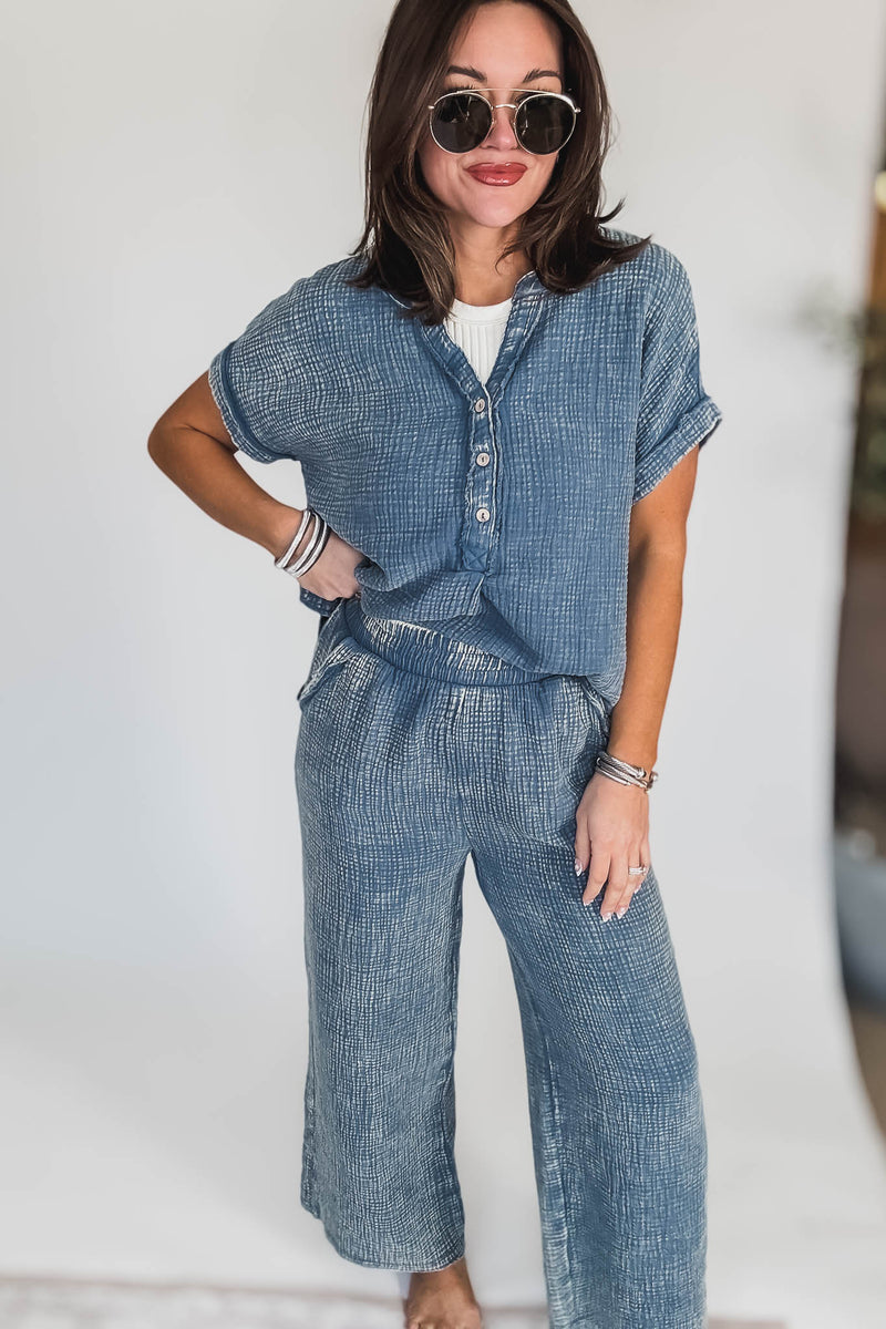 Washed Dusty Blue Double Gauze 3/4 Button Henley Shirt