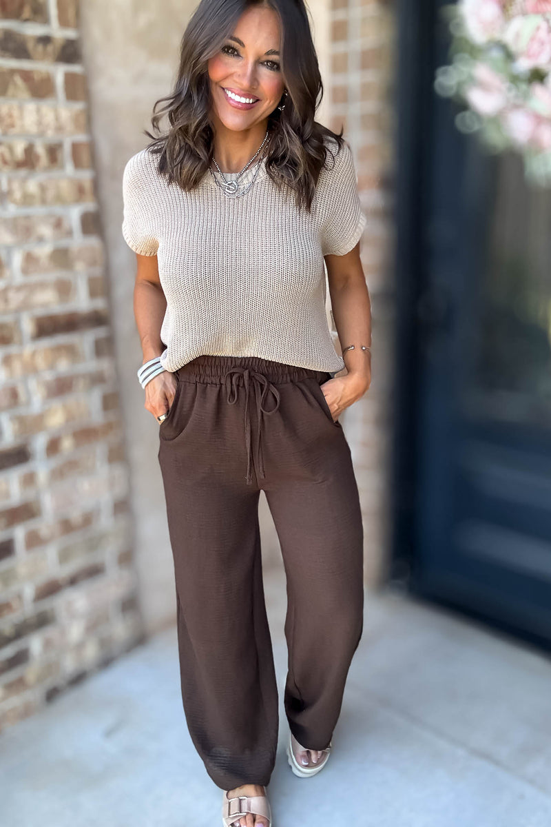To  Busy To Lounge Brown Woven Crepe Elastic Band Pants