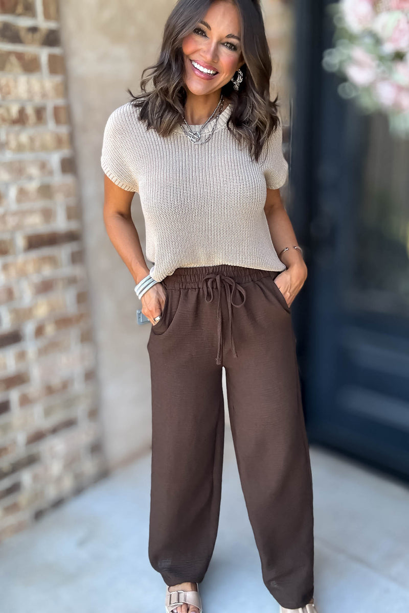 To  Busy To Lounge Brown Woven Crepe Elastic Band Pants