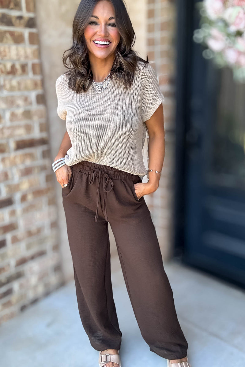 To  Busy To Lounge Brown Woven Crepe Elastic Band Pants