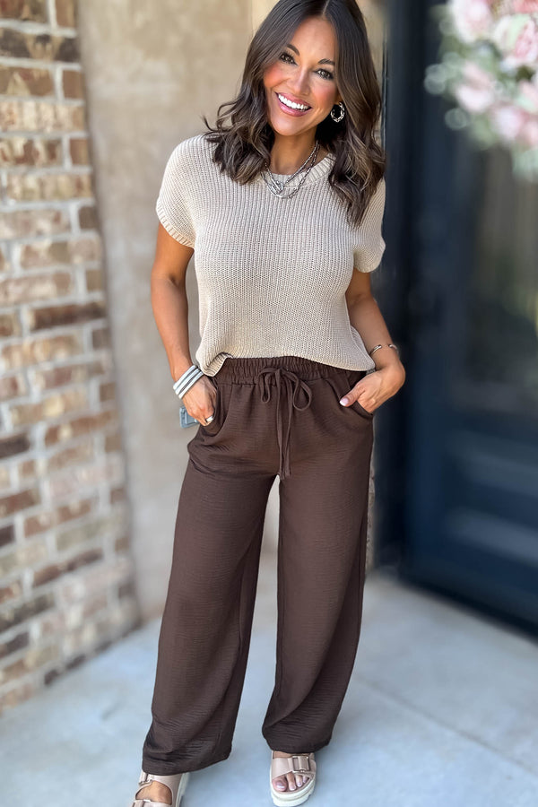 To  Busy To Lounge Brown Woven Crepe Elastic Band Pants