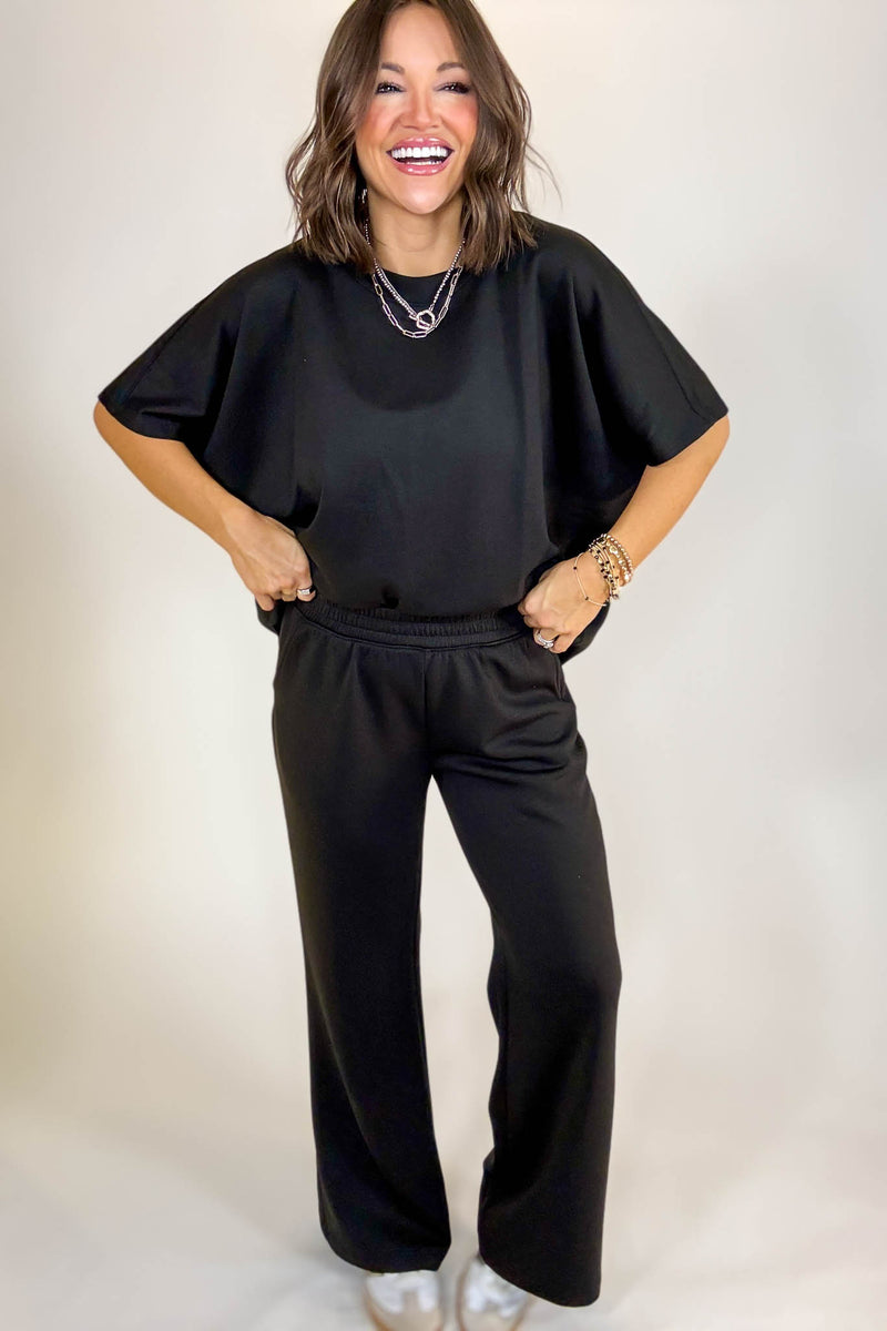 PINK FRIDAY SET Black Scuba Curbed Hem Top & Pants Set