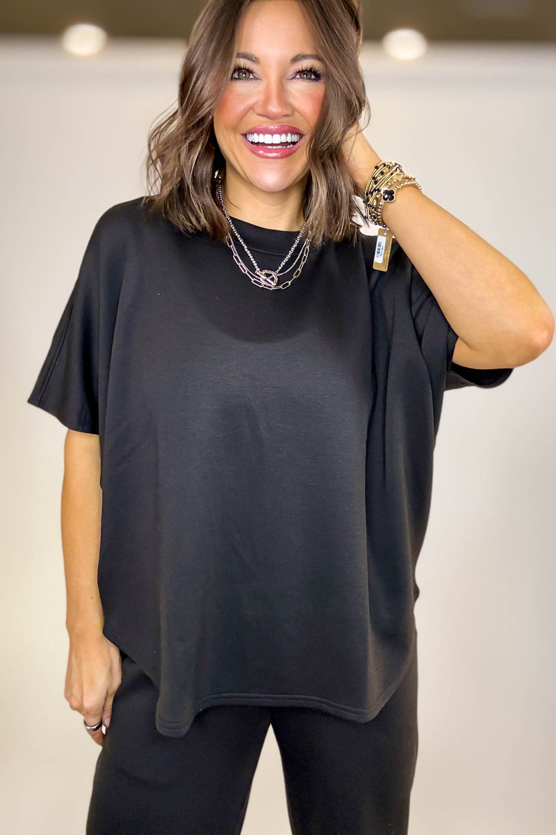 PINK FRIDAY SET Black Scuba Curbed Hem Top & Pants Set