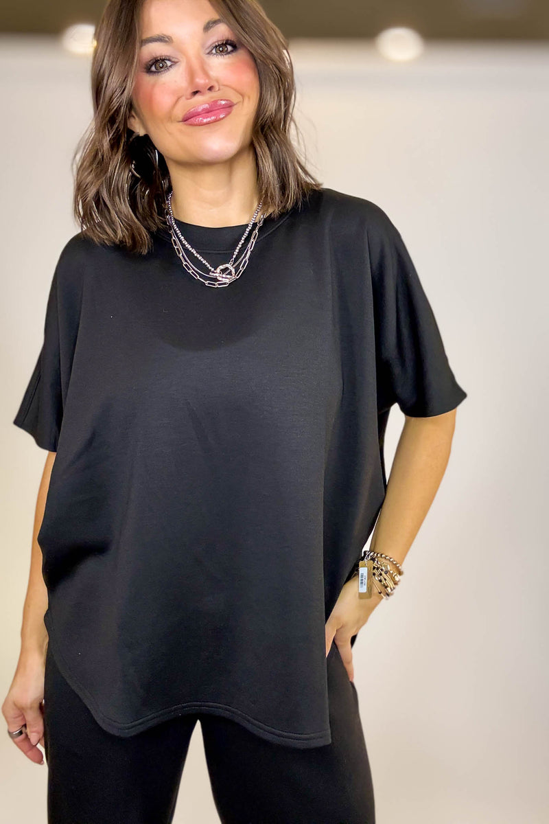 PINK FRIDAY SET Black Scuba Curbed Hem Top & Pants Set