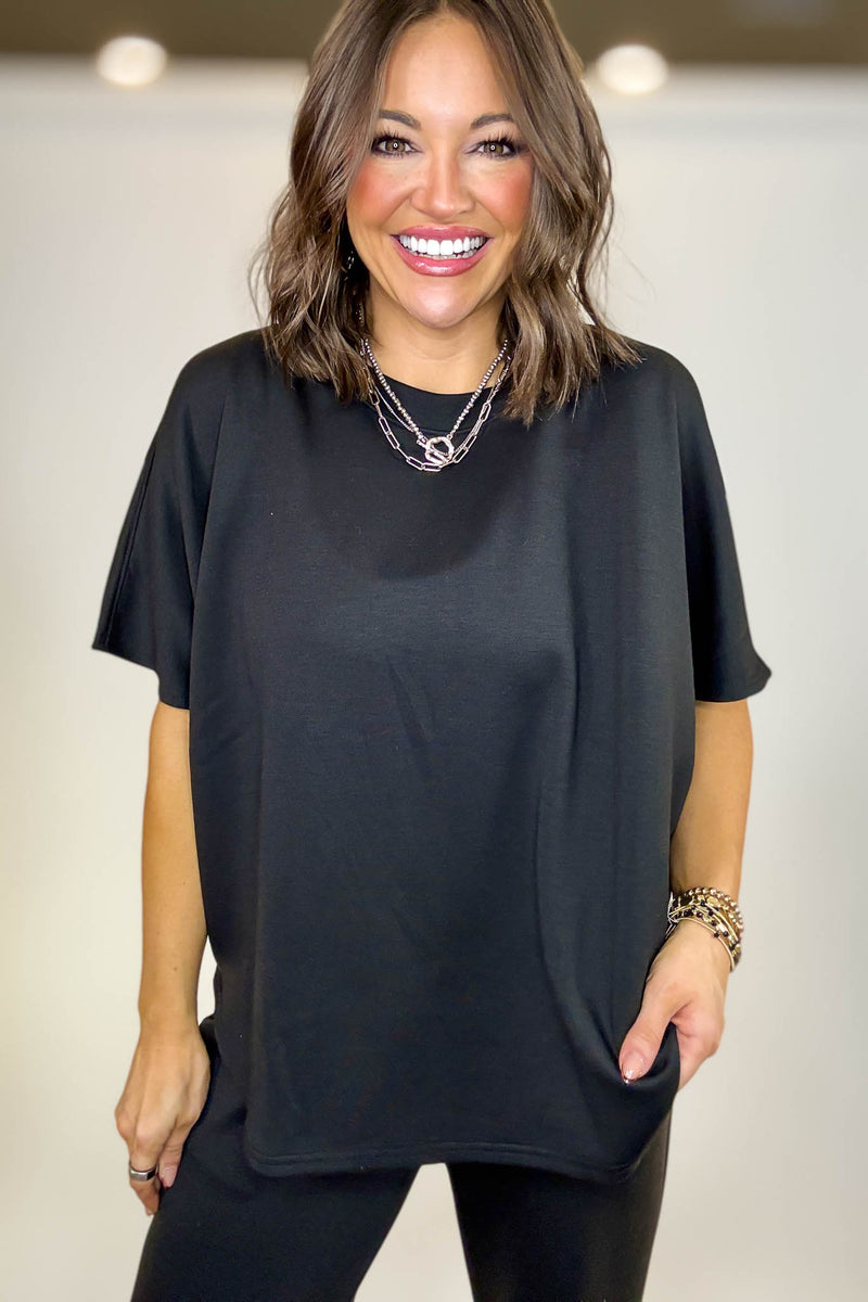 PINK FRIDAY SET Black Scuba Curbed Hem Top & Pants Set