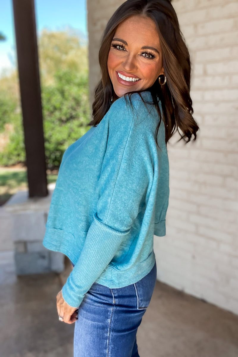 Looking So Sweet Dusty Teal Brushed Dolman Sleeve Sweater