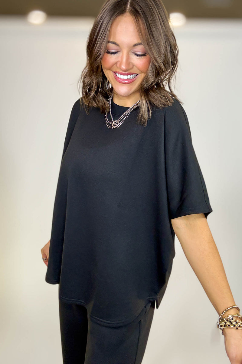 PINK FRIDAY SET Black Scuba Curbed Hem Top & Pants Set