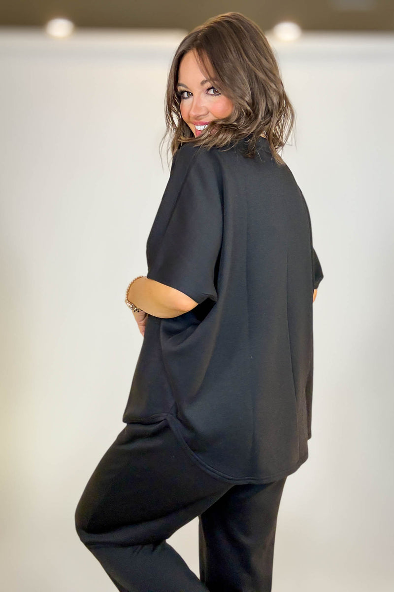 PINK FRIDAY SET Black Scuba Curbed Hem Top & Pants Set